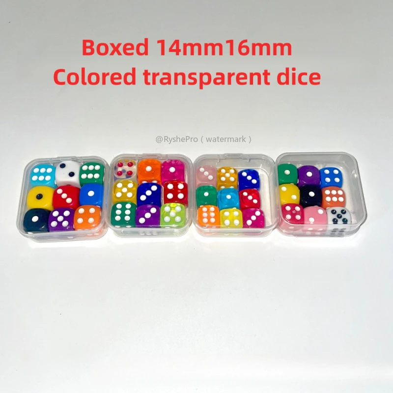 9 Pieces Transparent Color Dice with Box 6 Sided Dice for Board Games 14mm 16mm Bulk for Math Learning Dice for Classroom