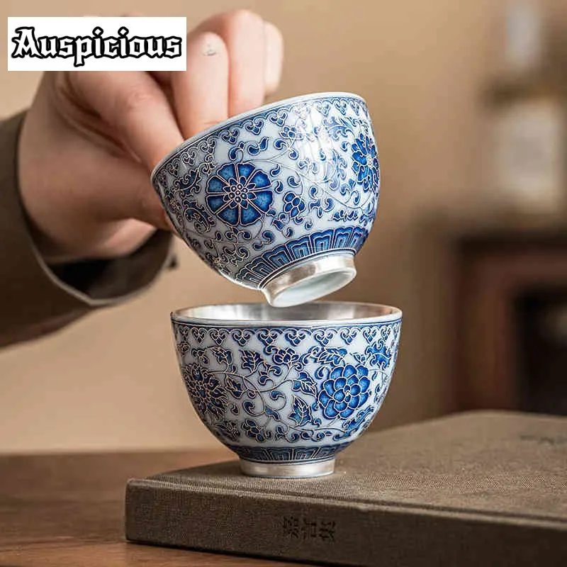 45ml Handmade Gilded Silver Ceramic Teacup Blue and White Dragon Pattern Master Cup Small Personal Jianzhan Kung Fu Teaware 1pc