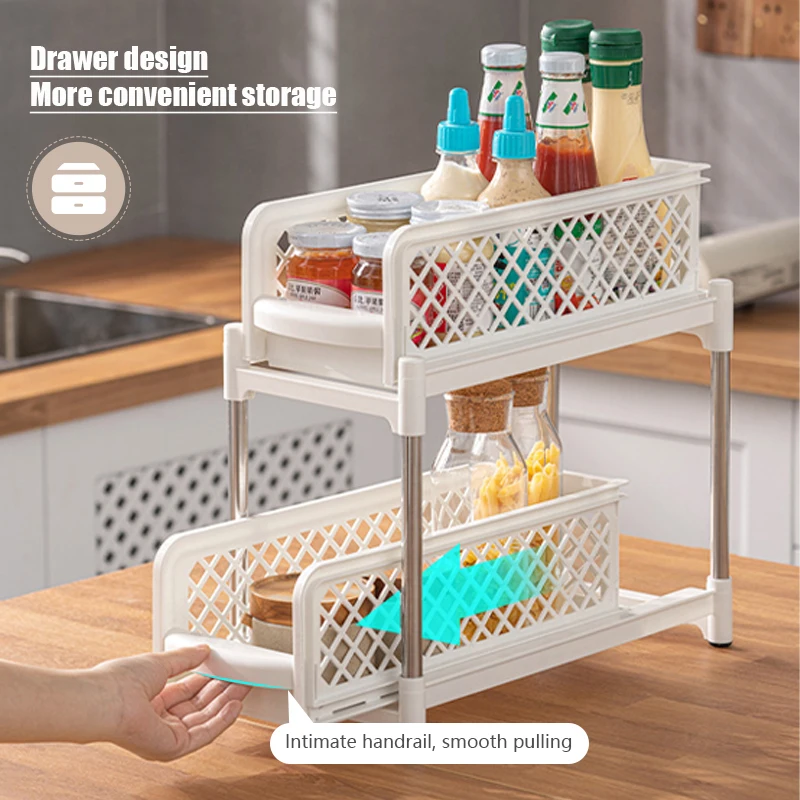 

2 Tier Drawer Storage Box Baskets Cabinet Desktop Snack Makeup Storage Boxs Spice Organizer Kitchen Organizer Rack