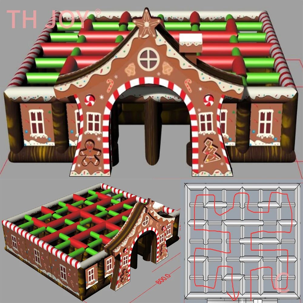 spedizione veloce, Arena gonfiabile di etichette laser natalizie di pan di zenzero del 2025, giochi di labirinto gonfiabili portatili per la festa di Natale