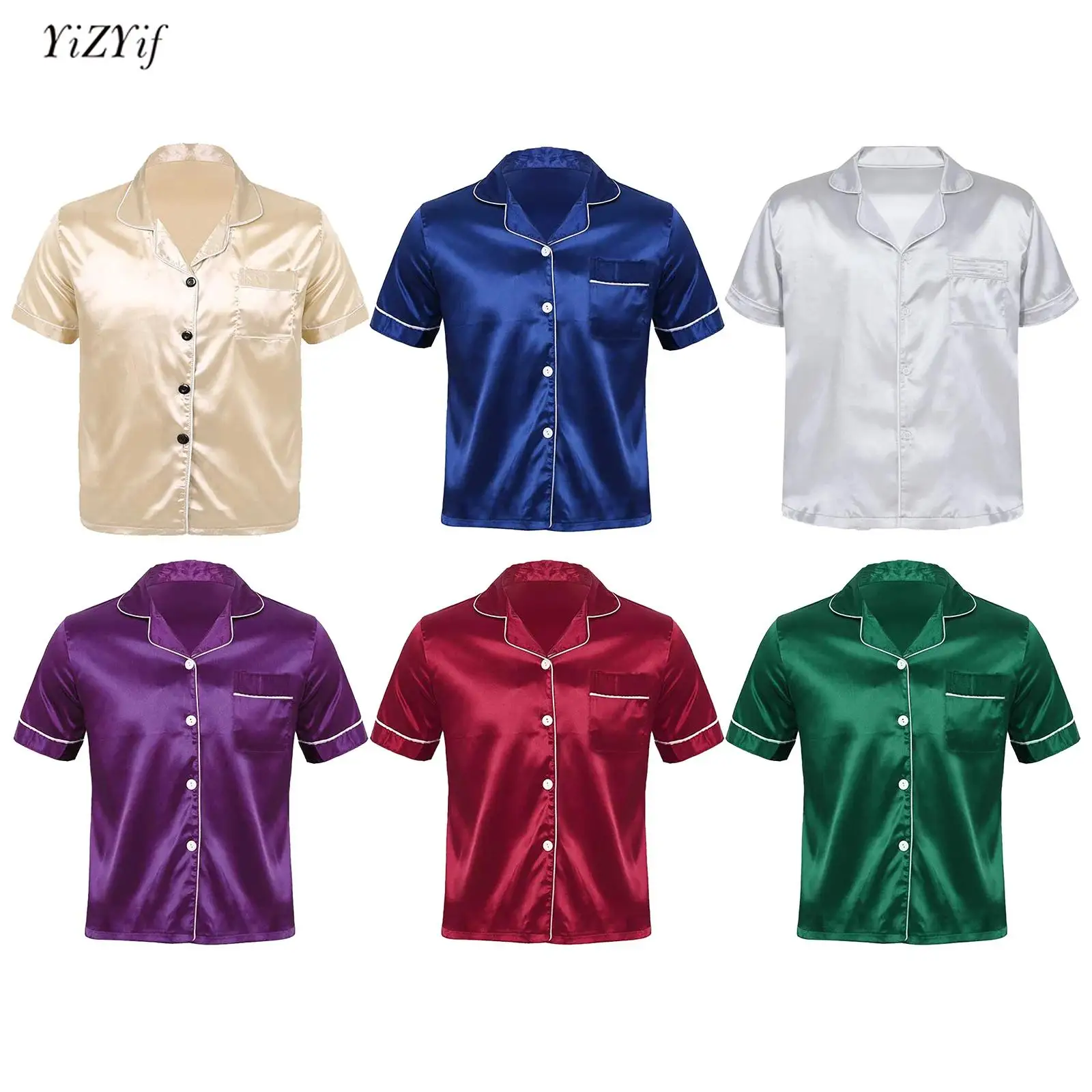 

Mens Silky Satin Pajamas Shirts Top 2024 Summer Short Sleeve Smooth Notch Collar Button Down Shirt Homewear Sleepwear Loungewear