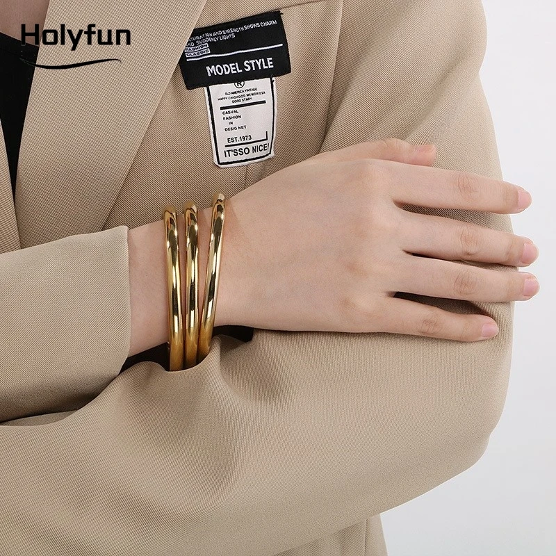 

Водонепроницаемые браслеты-манжеты Holyfun из нержавеющей стали для женщин, гладкие металлические разъемные браслеты, ювелирный подарок