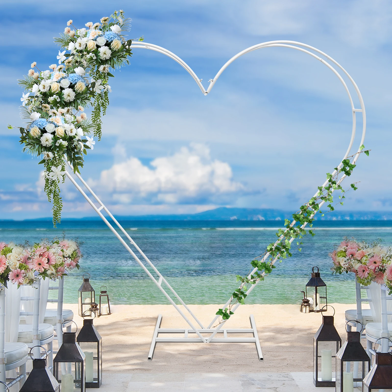 

6.79*6.89ft Wedding Arch Balloon Flowers Metal Stand Garden Party Rose Arch White Heart-Shaped