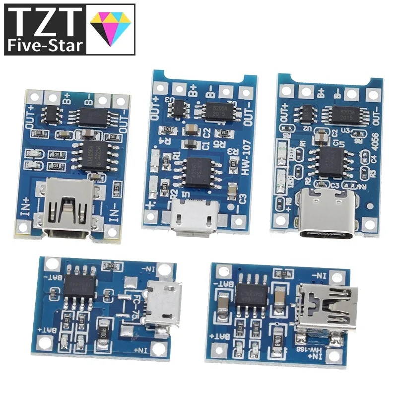 TZT Micro/Type-c USB 5V 1A 18650 TP4056 Lithium Battery Charger Module Charging Board With Protection Dual Functions 1A Li-ion