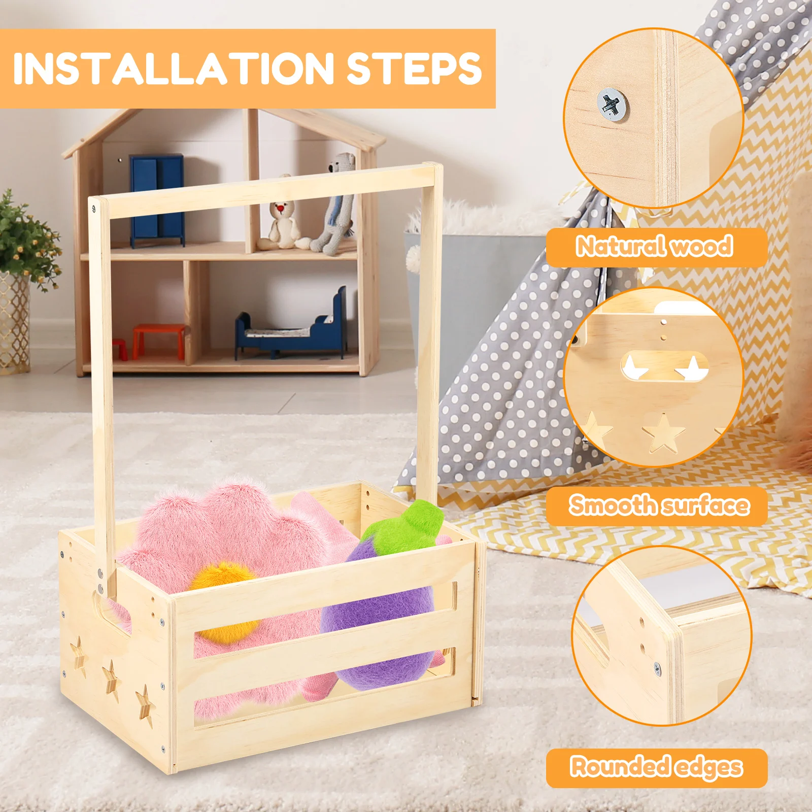 سلة استحمام خشبية للأطفال، سلة استحمام للأطفال متعددة الأغراض مع منظم، صندوق تخزين للأطفال، ديكور منزلي #4