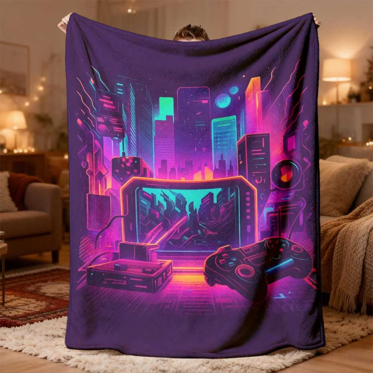 Cyberpunk Neon Gaming Throw Blanket Cozy Lap Nap Cover Gamer Anime Aesthetic Decor Gift for Boyfriend Bedroom Couch