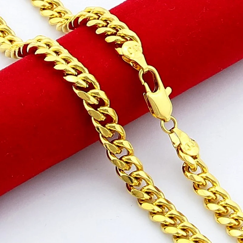 Pure Gold Color Men\'s Chain Necklace Hip Hop Rock Jewelry,24k Gold GP 6mm Wide Cuban Chain Necklace for Men 50CM to 70cm Long