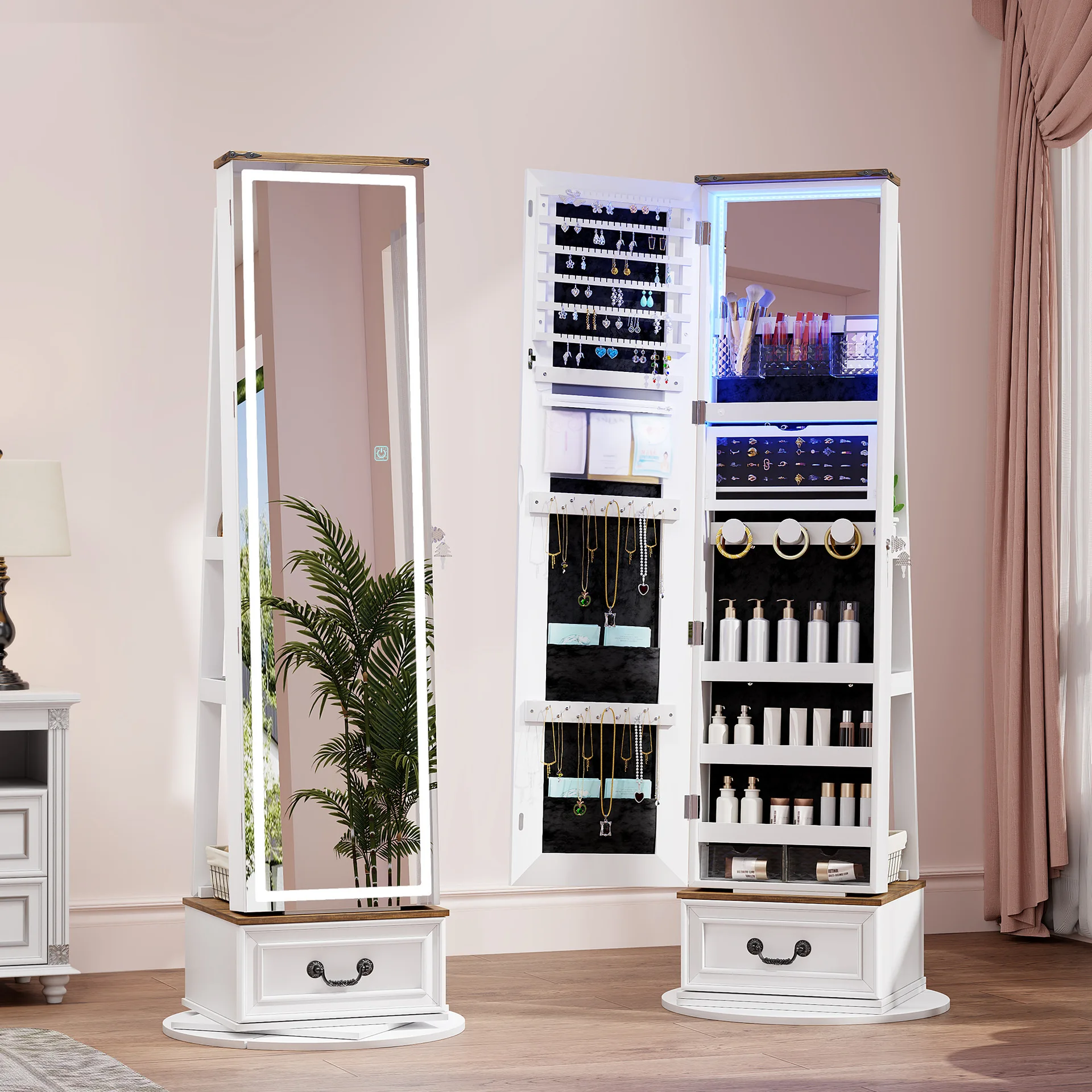 Vertical LED touch full-body mirror, jewelry cabinet with storage function, full-body mirror with lamp and locker