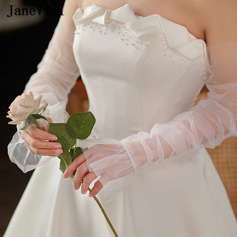 JaneVini Sheer Tulle Bridal Party Long Gloves for Women Fingerless Bride Deachable Wedding Sleeves 50cm Evening Gloves Ivory