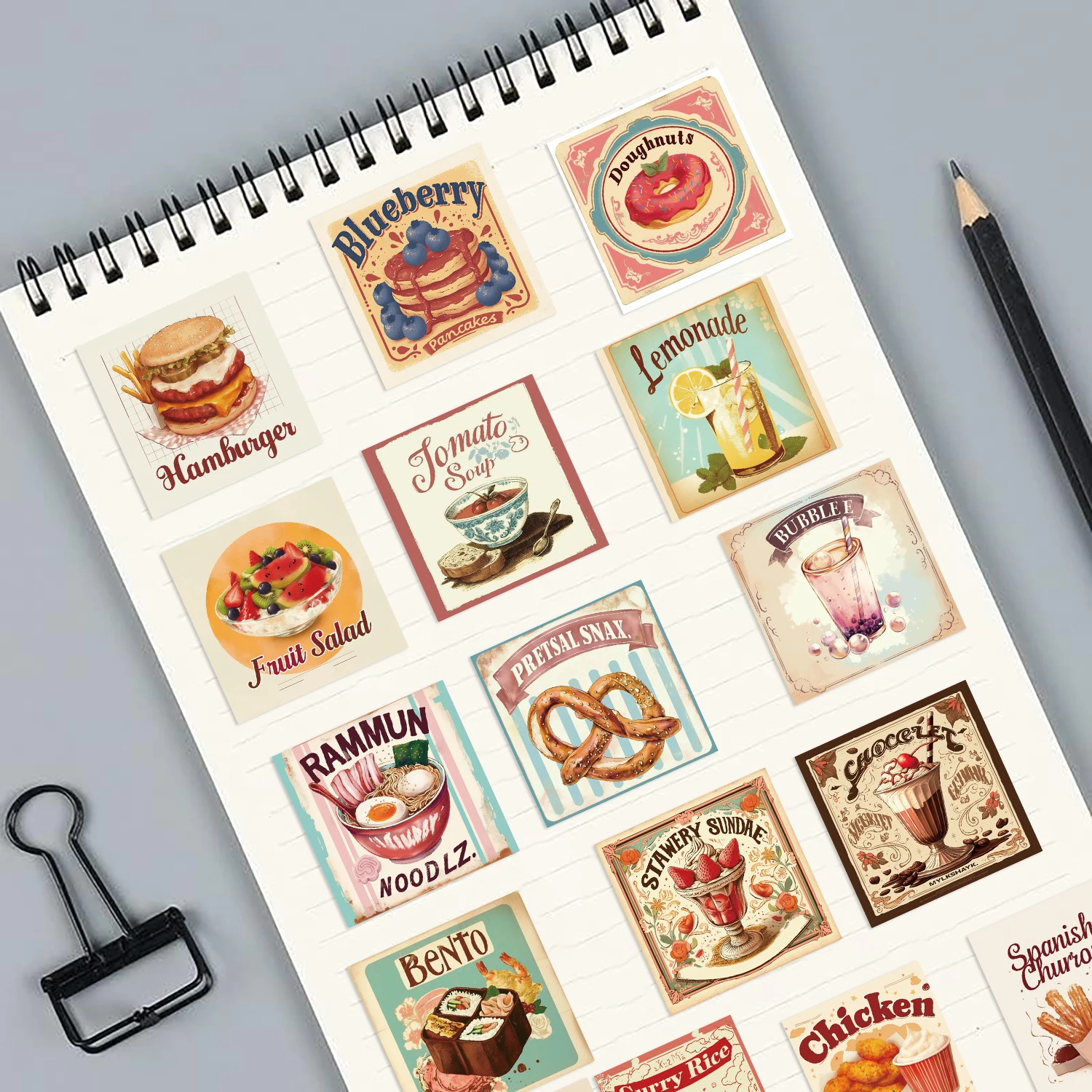 50개 레트로 음식 스티커, 일기장, 노트북, 여행 가방, 스케이트보드, 만화 스티커, 재미있고 클래식한 선물 장식