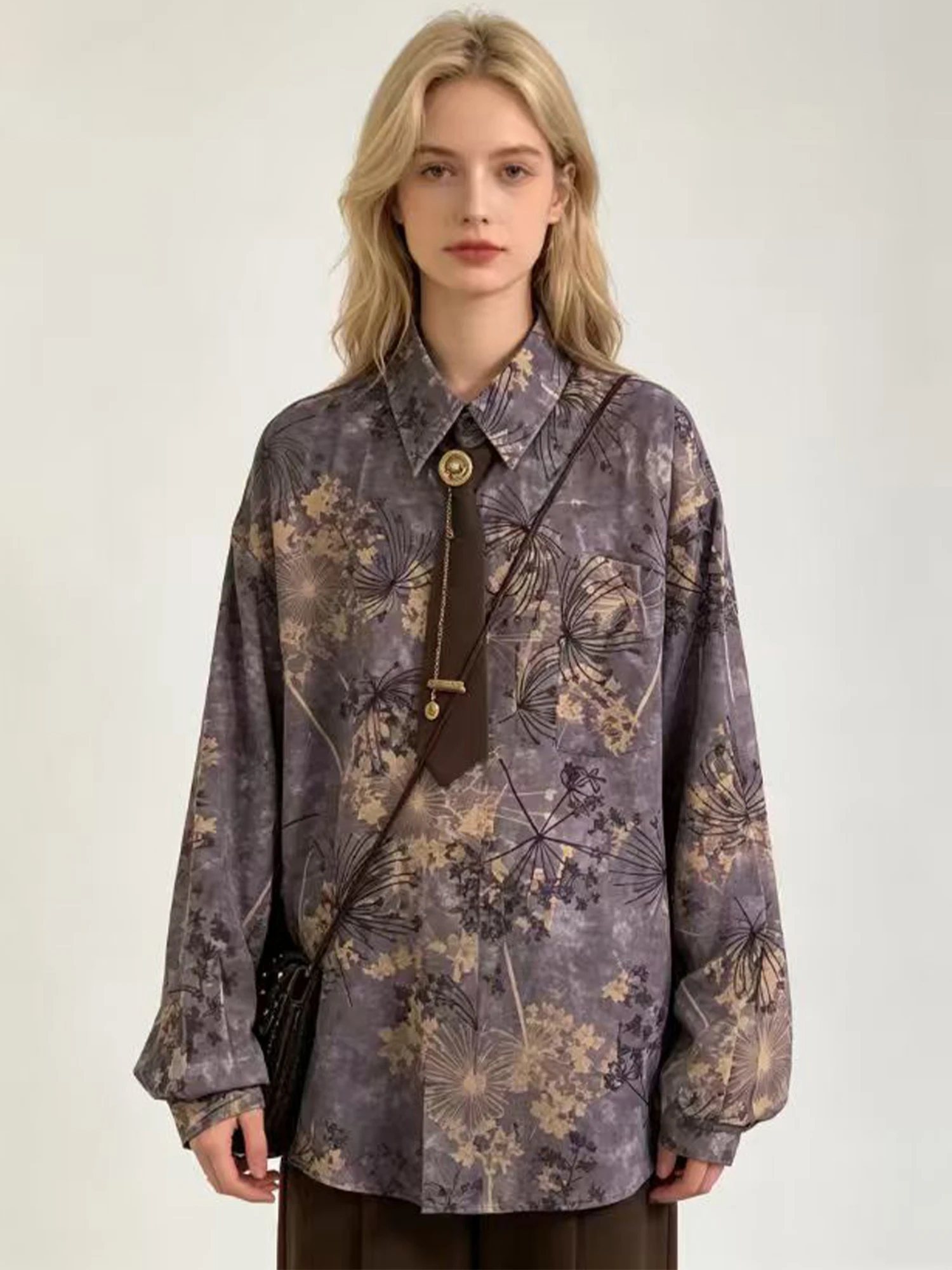 Women Purple Long Sleeve Shirt American Y2k Gyaru Polo-Neck Shirt Vintage Loose Floral Print Blouse for Women Spring Autumn 2026