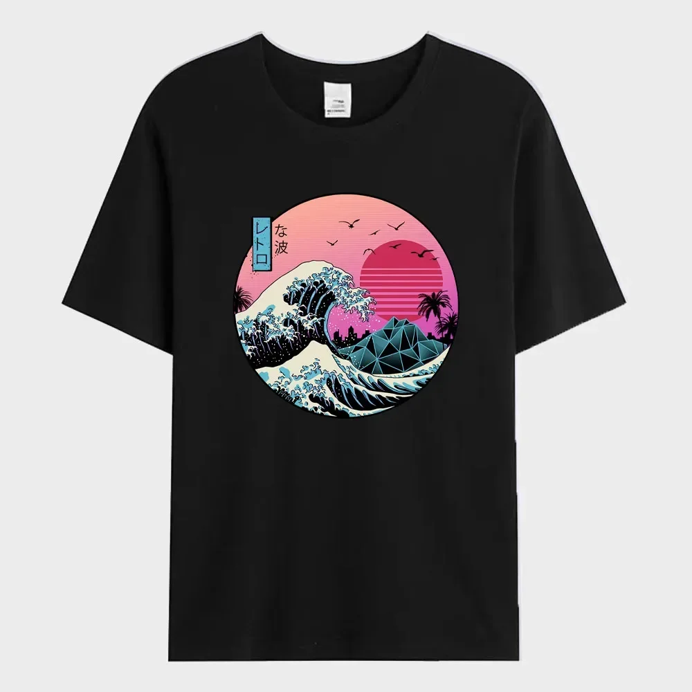 2024 Summer Men\'s T-shirt Sunset Waves in Japan Printed T-shirt Fashion 100% Cotton Short Sleeve Oversized Tee Shirt Men Clothes