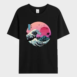 2024 Summer Men's T-shirt Sunset Waves in Japan Printed T-shirt Fashion 100% Cotton Short Sleeve Oversized Tee Shirt Men Clothes