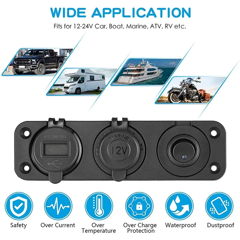 Tomada de isqueiro com voltímetro, 3 em 1 painel, QC3.0 USB tipo C, carregador de carro PD, adaptador de energia para barco e RV