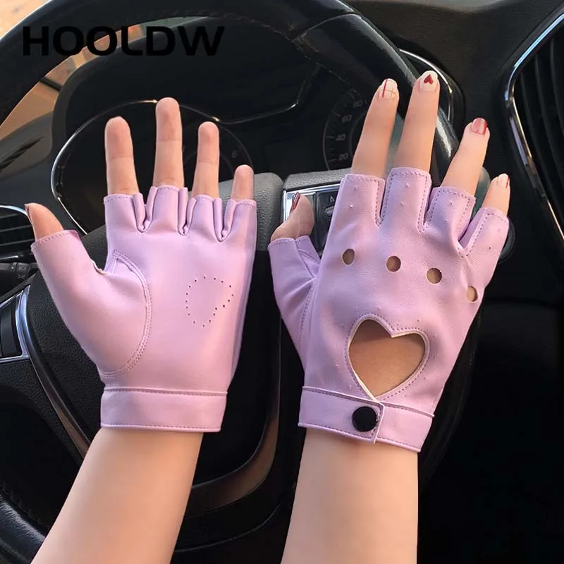 HOOLDW New Cycling Fingerless Gloves Fashion Women PU Leather Gloves Dancing Party Show Costume Breathable Half Finger Mittens