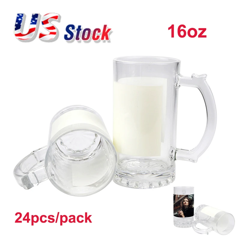 CALCA 24pcs 16oz Clear Glass Sublimation Blanks Beer Steins Mug with White Patch Thick Glass Beer Mugs Blank for DIY US Stock