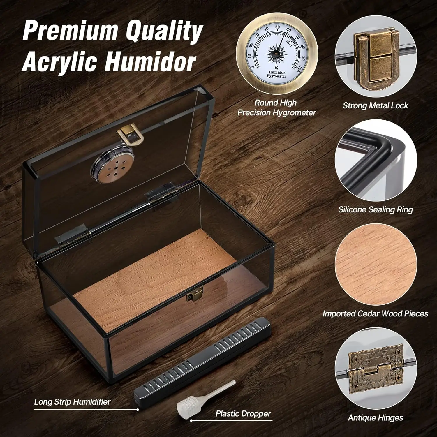 Acrylic Humidor - Cigar Box With Hygrometer, Humidifier & Accessories, Holds 20 Cigars image 2