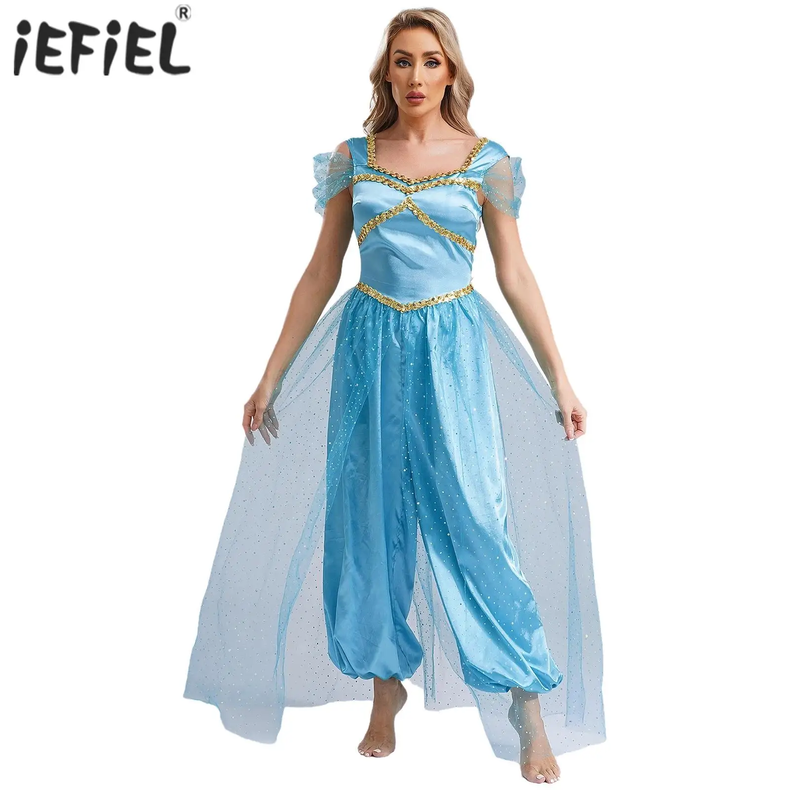 Womens Halloween Arabic Arabian Princess Cosplay Costume Sequin Trim Tulle Overlay Romper belly dancing Indian Bollywood Outfits