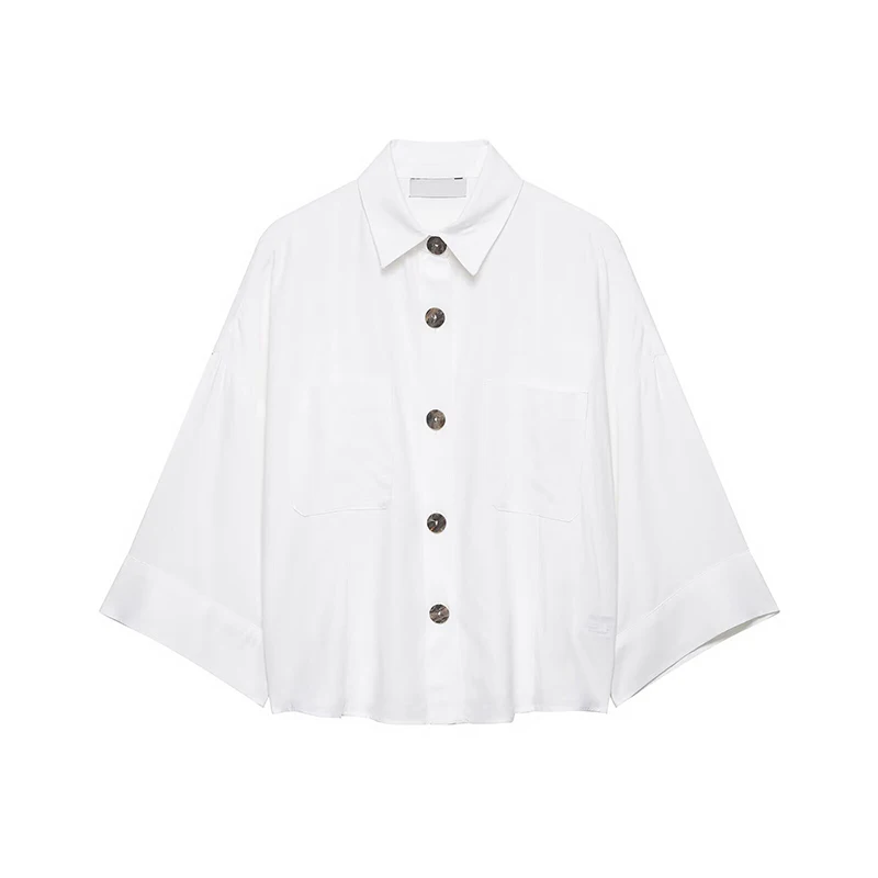 

YENKYE Women Minimalist White Loose Shirt Streetwear Lapel Collar Wide Sleeves Casual Blouse