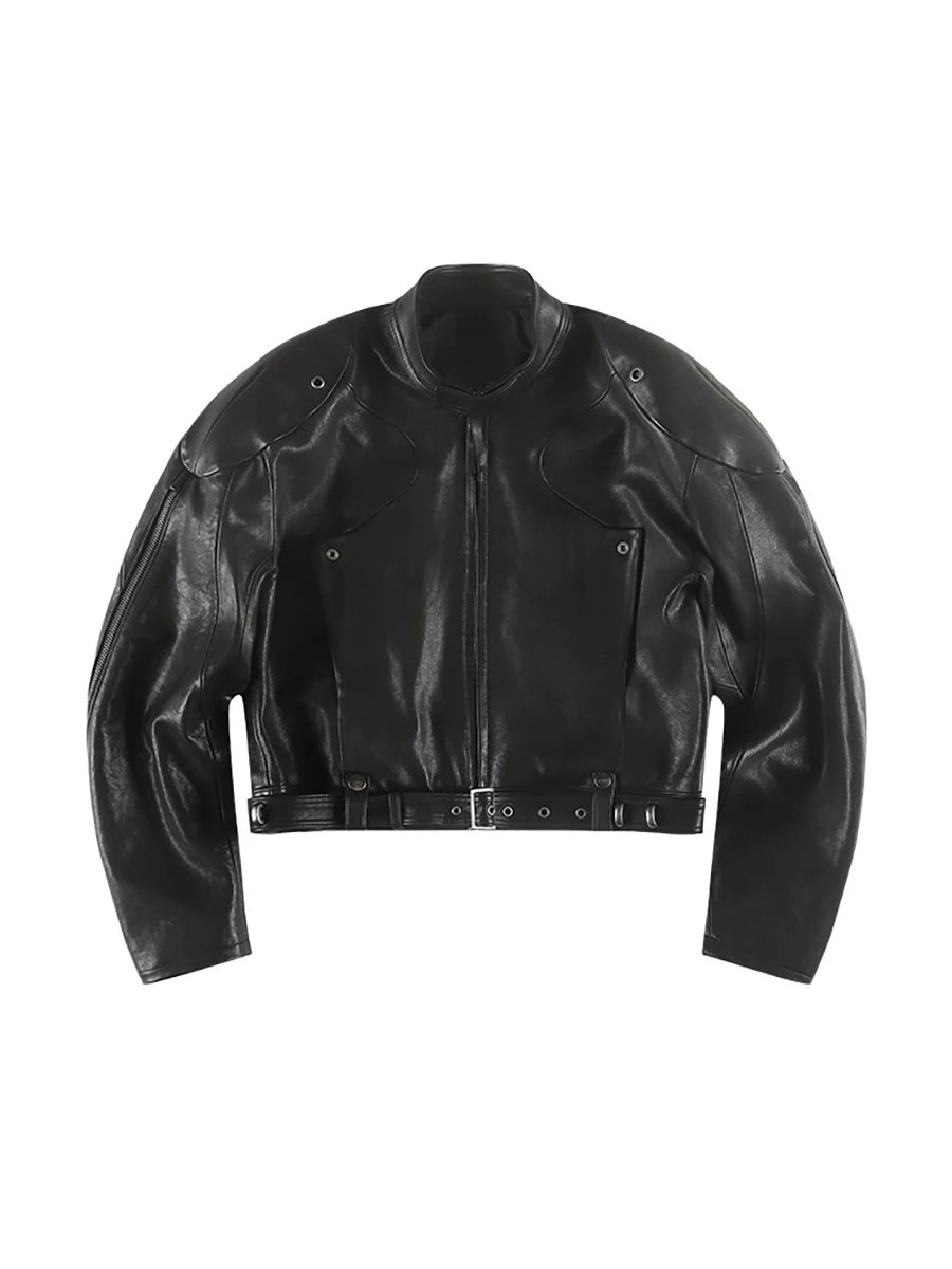 

Mauroicardi, осенняя крутая короткая жесткая черная куртка из искусственной кожи, мужская куртка с воротником-стойкой, подплечники на молнии, роскошная дизайнерская одежда 2025 кожаная куртка мужская