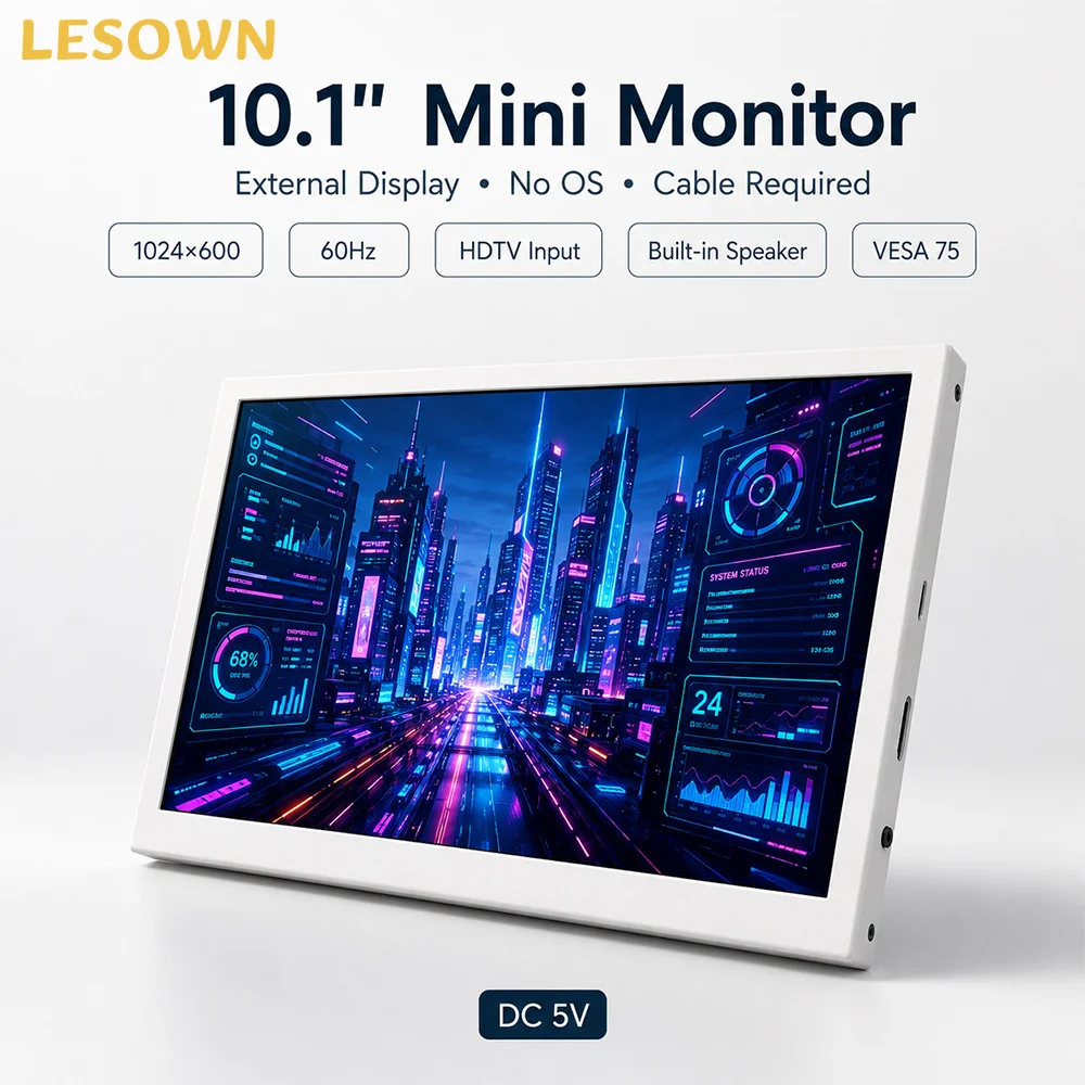 LESOWN 10.1 Inch White Aluminum Mini Display 1024x600 60Hz HDTV Built-in Speaker VESA75 PC Hardware Monitor for Raspberry Pi