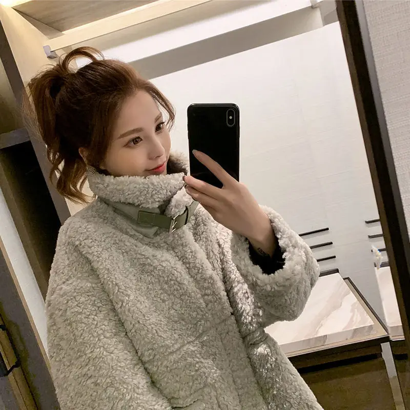Cool Girl Punk Style Leather 2023 Autumn Winter Motorcycle Suit Imitation Mink Plush Jacket with Leather Buckle and Fur Coat