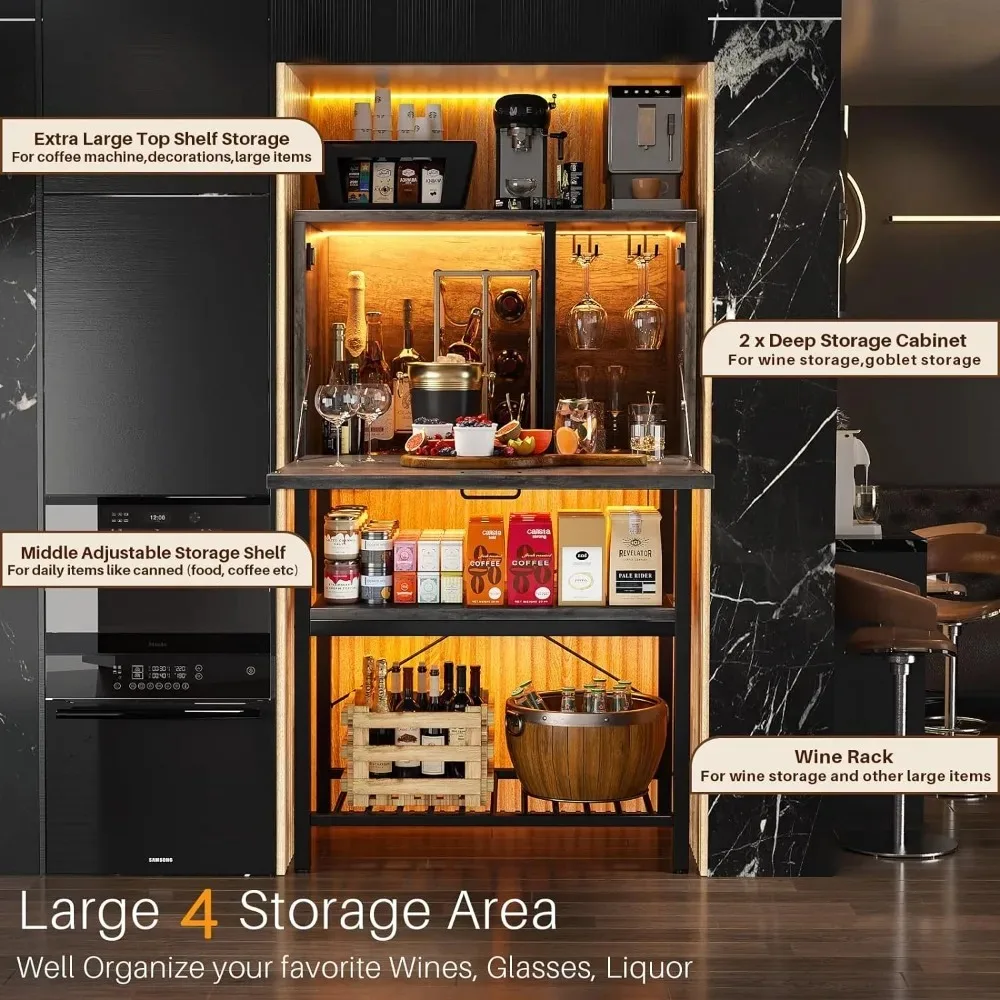 Flippable Bar Cabinet with LED & Power Outlets, 4-Tier Home Bar with Flippable Door, Tall Liquor Cabinet with Glass Holde