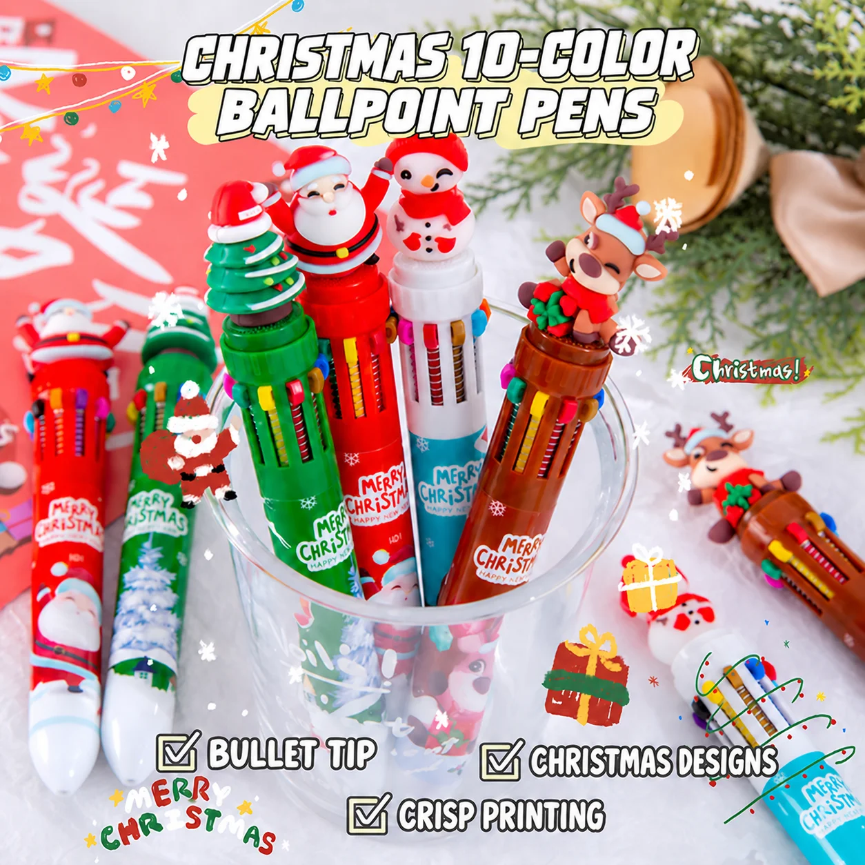 5 Christmas-Themed Ten-Color Ballpoint Pens, with 3D Figurines on the Top, Various Styles, Random Selection, Holiday Gifts, Party Favors, Children's and Student Stationery