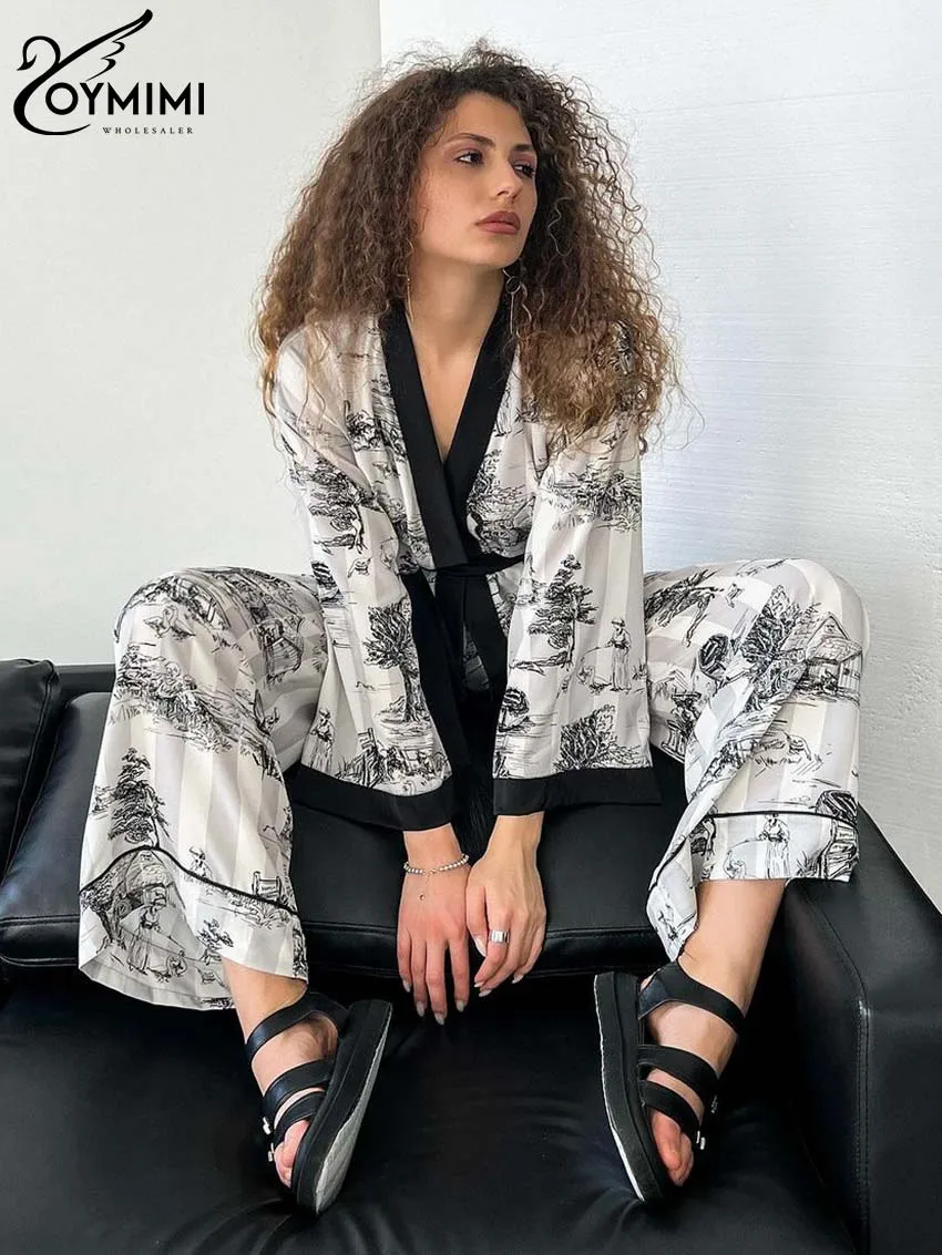 

Oymimi Casual Black Print Womens 2 Piece Outfit Set Elegant Long Sleeve Lace-Up Patchwork Shirts And Loose Straight Trousers Set