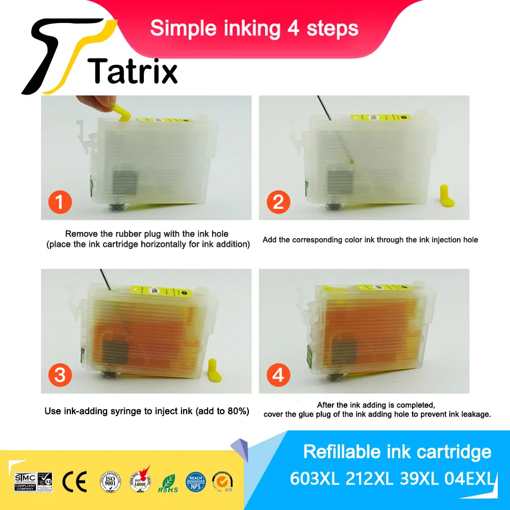 Tatrix For Epson T603XL 212XL 39XL 04E XL Refillable Ink Cartridge for Epson WF-2830 WF-2850 XP-2105  WF-2870 2810 XP-3150 4150