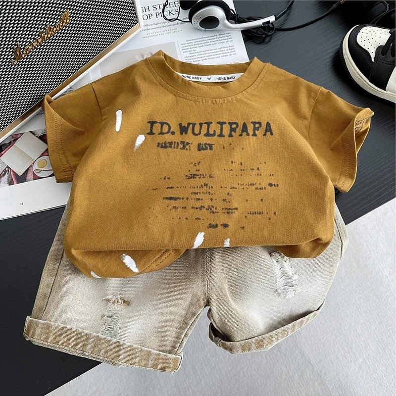 1-5 Years Boys Summer Loose Cool Outfit Fashion Letter T-shirt + Ripped Denim Shorts 2-Piece Kids Casual Tracksuit Set