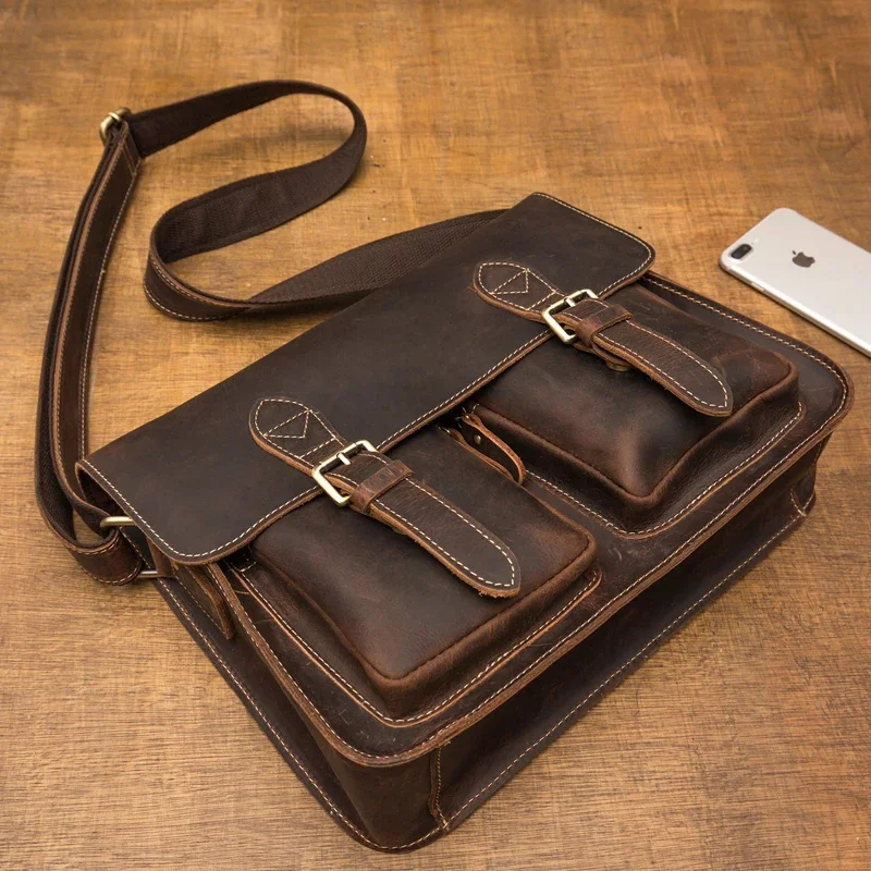 Simple Nature Vintage Crazy Horse Shoulder Bag Genuine Leather Business Large Capacity Briefcase Crossbody Messengers