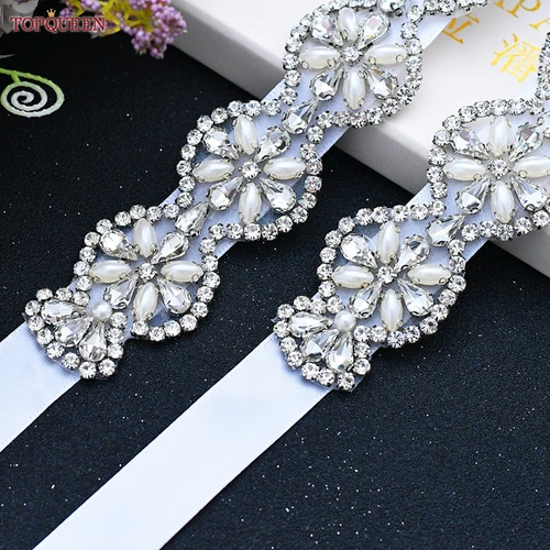 Imagen 2 del producto TOPQUEEN-cinturones de novia brillantes para mujer, joyería de boda, diamantes de imitación de plata, perlas de cristal, brillante, fiesta, vestido Formal, faja de diamantes, S161
