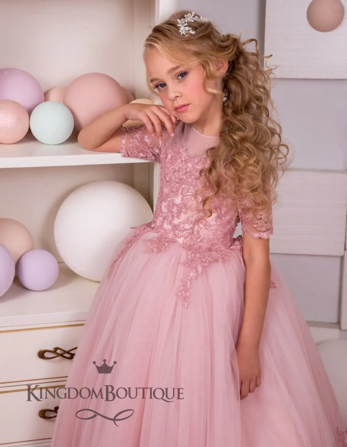 Robes à fleurs pour filles, rose poussiéreux, pour mariage, manches courtes, en dentelle, tenue de concours, de fête formelle pour enfants, robes d'anniversaire