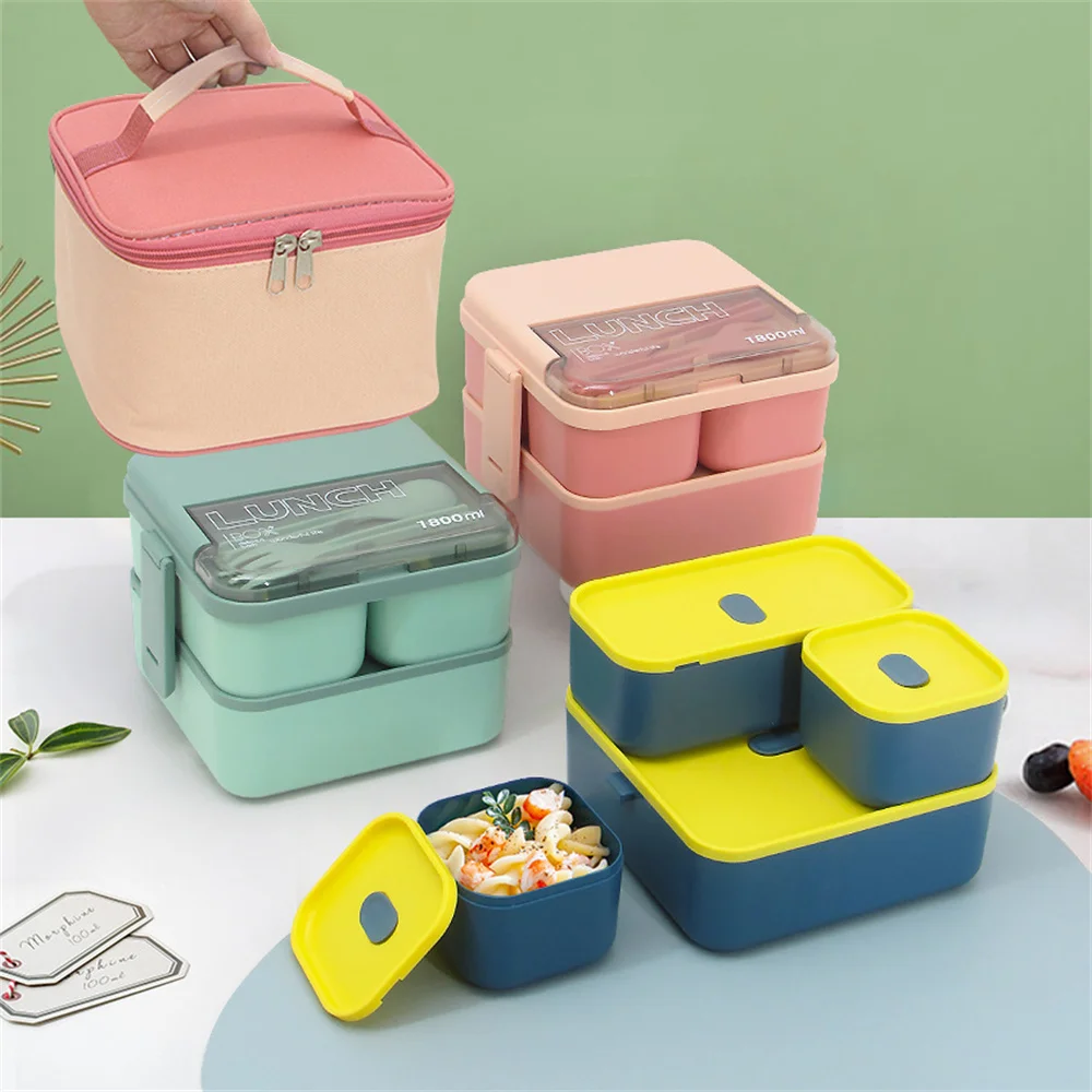 

1800ML Plastic Lunch Box With Insulated Bag Double-layer Fruit Dividers Lunch Container Student Leak-proof Bento Box Fork Spoon
