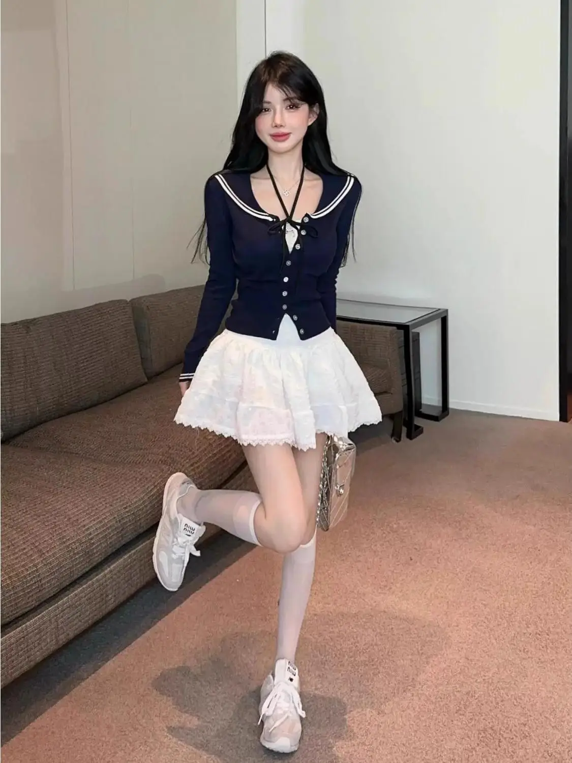 

College Sle Navy Collar Knitted Sweater Women's Autumn Winter Pure Desire V Ne Base irt Inner Wear Outer Wear Open Card...