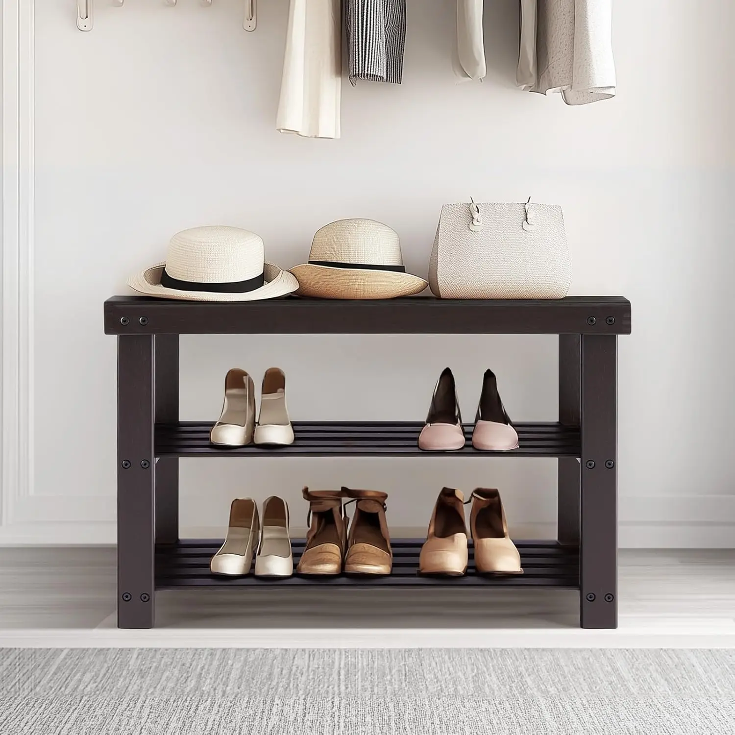 

3-Tier Bamboo Shoe Rack Bench, Entryway Storage Organizer Stand for Front Door Bedroom Living Room Black