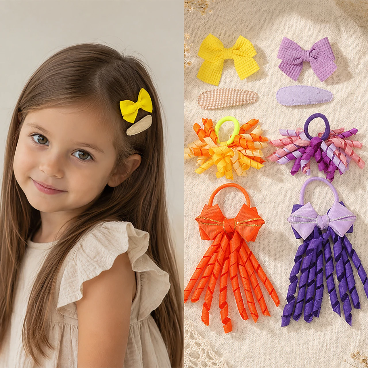 7Pcs Kids Academy Style Hair Accessories Set Princess Girls Bow Hair Ties with Curly Ribbon Children BB Clips Bowknot Hairpins