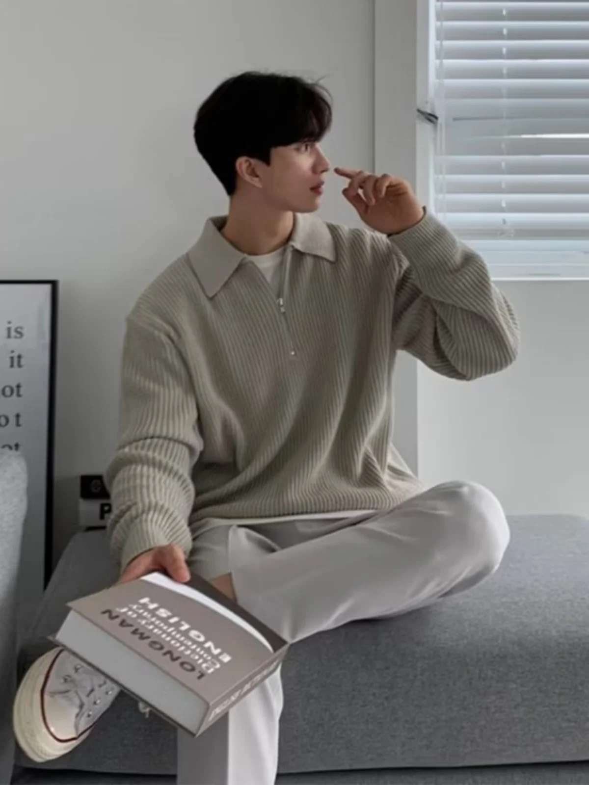 

Мужской вязаный свитер свободного кроя в американском ретро-стиле с высоким воротником на молнии, молодежный, зимний