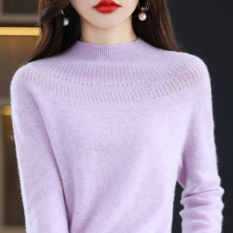 Autumn and winter 100% wool single-line ready-to-wear hollow women\'s pullover O-neck cashmere sweater knitted solid color