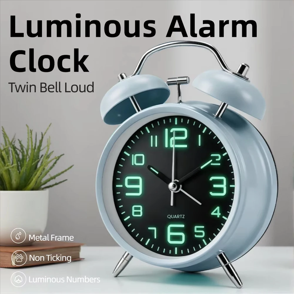 4' Luminous Twin Bell Alarm Clock Loud Non-Ticking Glow in The Dark Easy to Read Noiseless Bedside Clock for Bedroom Study Room