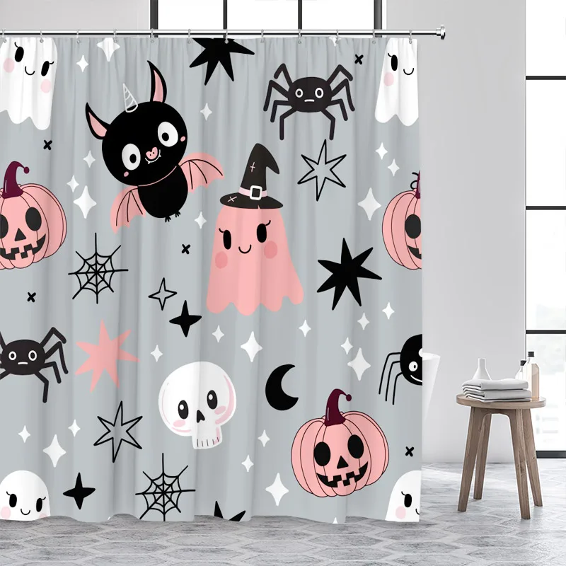 Cartoon Halloween Shower Curtain Black Spider Bat Ghost Skull Grey Bath Curtains Fabric Home Bathroom Decor washable with Hooks