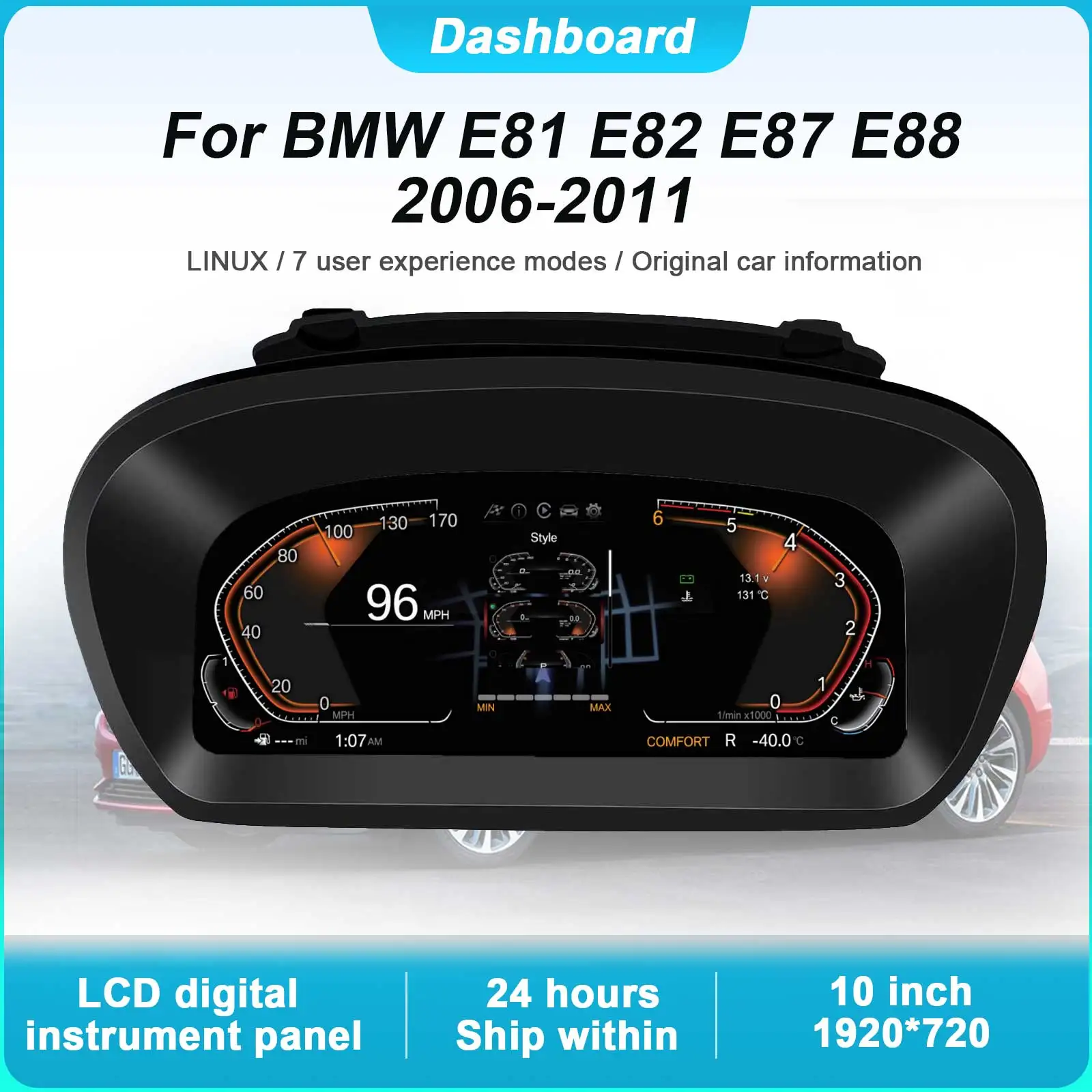 

10"Cluster Digital Dashboard For BMW 1 Series E81 E82 E87 E88 2006 - 2011Odometer, Speedometer, Dashboard Plug-and-Play