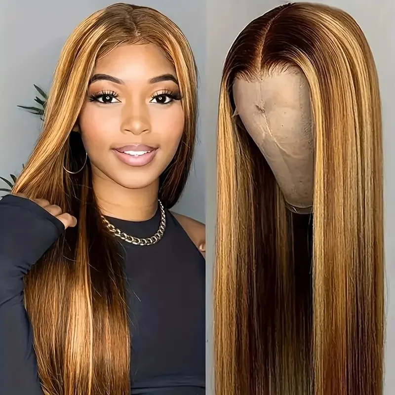 Honey Blonde Straight Lace Front Wig, Highlight Wig, 100% Human Hair, Brésilien, 5x5 Lace Closure Wig, 13x4, 13x6