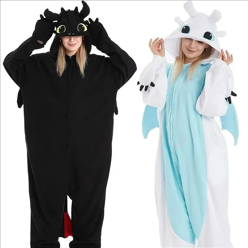 Pijama de mono de dragón sin dientes negro para adultos y niños, mono de unicornio Kigurumi, Pijamas de animales, tren, Cosplay de Halloween, zapatilla de invierno