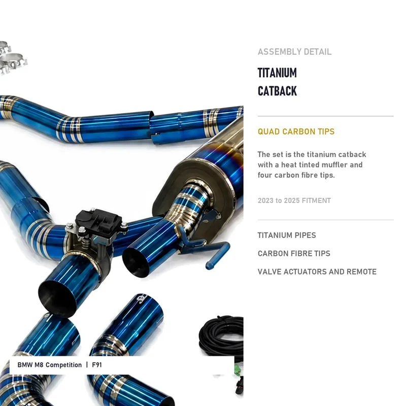 Titanium Catback Exhaust for BMW M8 Competition F91 Coupe 4.4T 2023 to 2025 Direct Fit Quad Carbon Fibre Tips and Remote