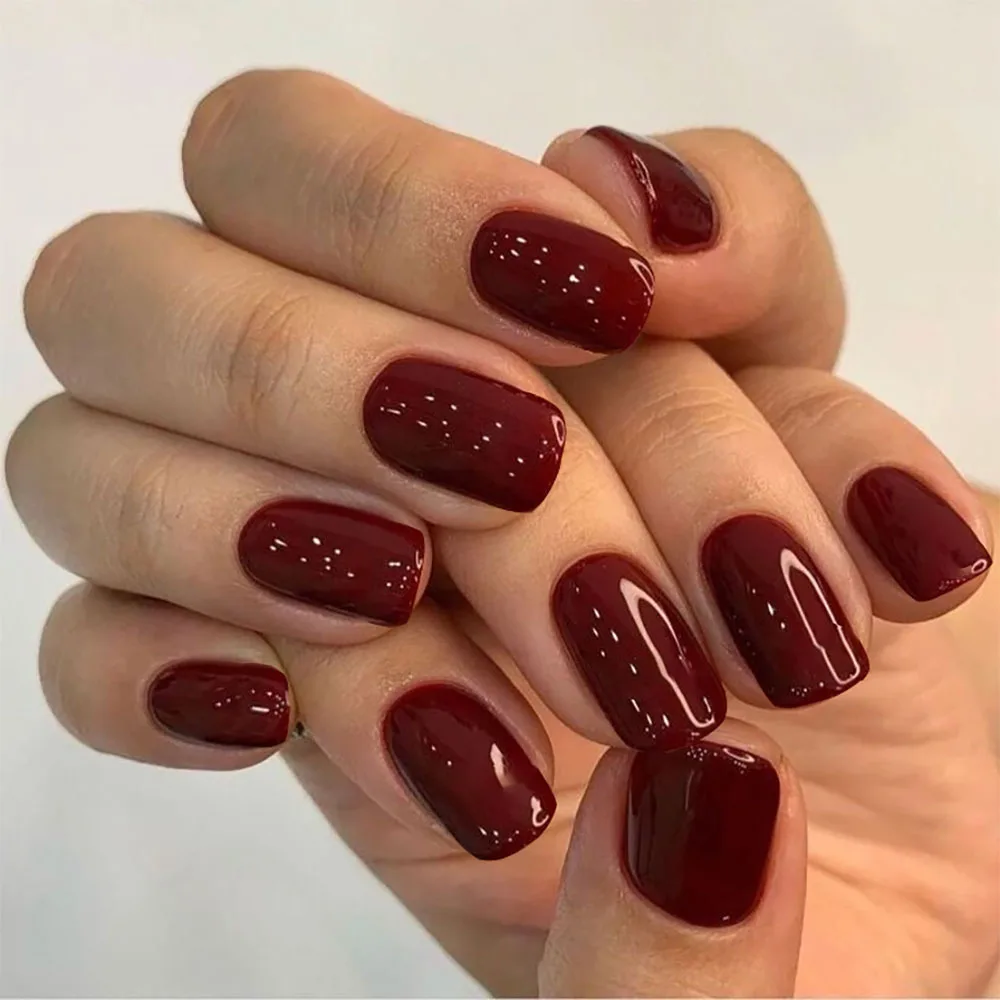 24 pçs cor sólida vinho vermelho design unhas falsas curto cabeça quadrada dicas de arte de unhas falsas simples acabado dicas de manicure imprensa em unhas