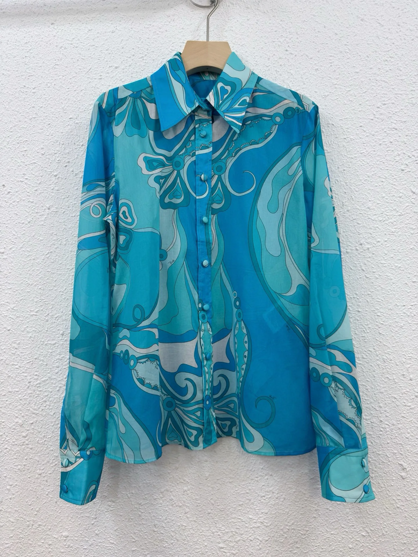 

Summer Women Turquoise Abstract Print Two Piece Set Long Sleeve Button Up Shirt High Waist Flowy Maxi Skirt Elegant Vacation Out