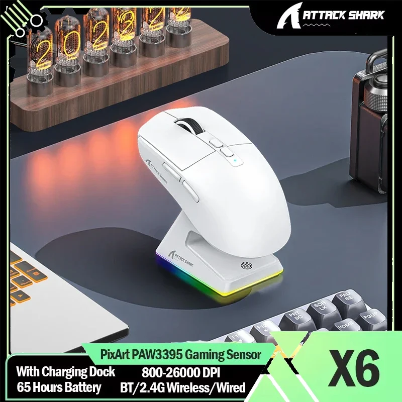 Hot Sale Attack Shark X6 PAW3395 Bluetooth Mouse,2.4 Tri-Mode Connection, RGB Touch Magnetic Charging Base, Macro Gaming Mouse