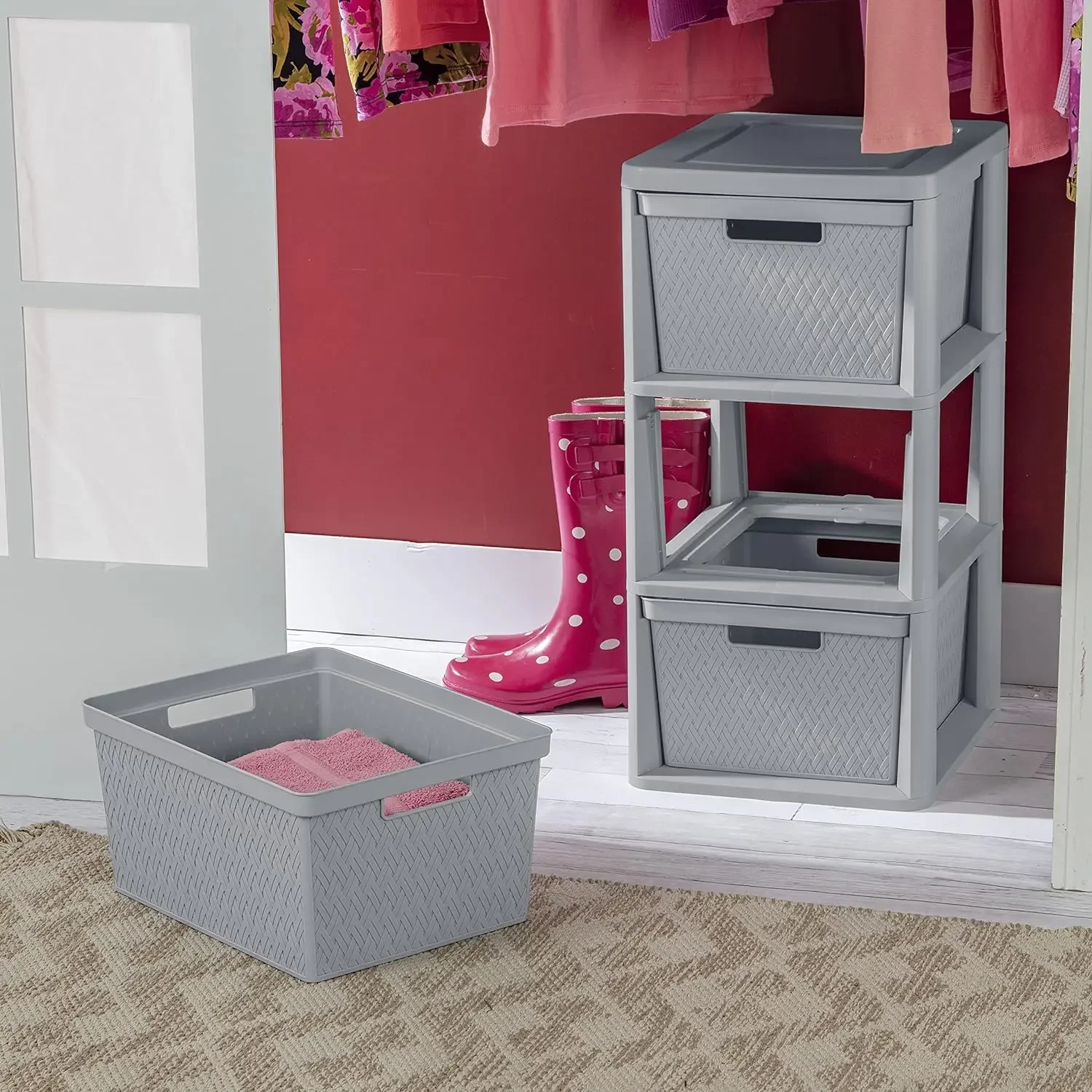 Decorative Plastic Bin Drawers with Handles Organize Clothes in Bedroom, Easy Assembly, Gray,